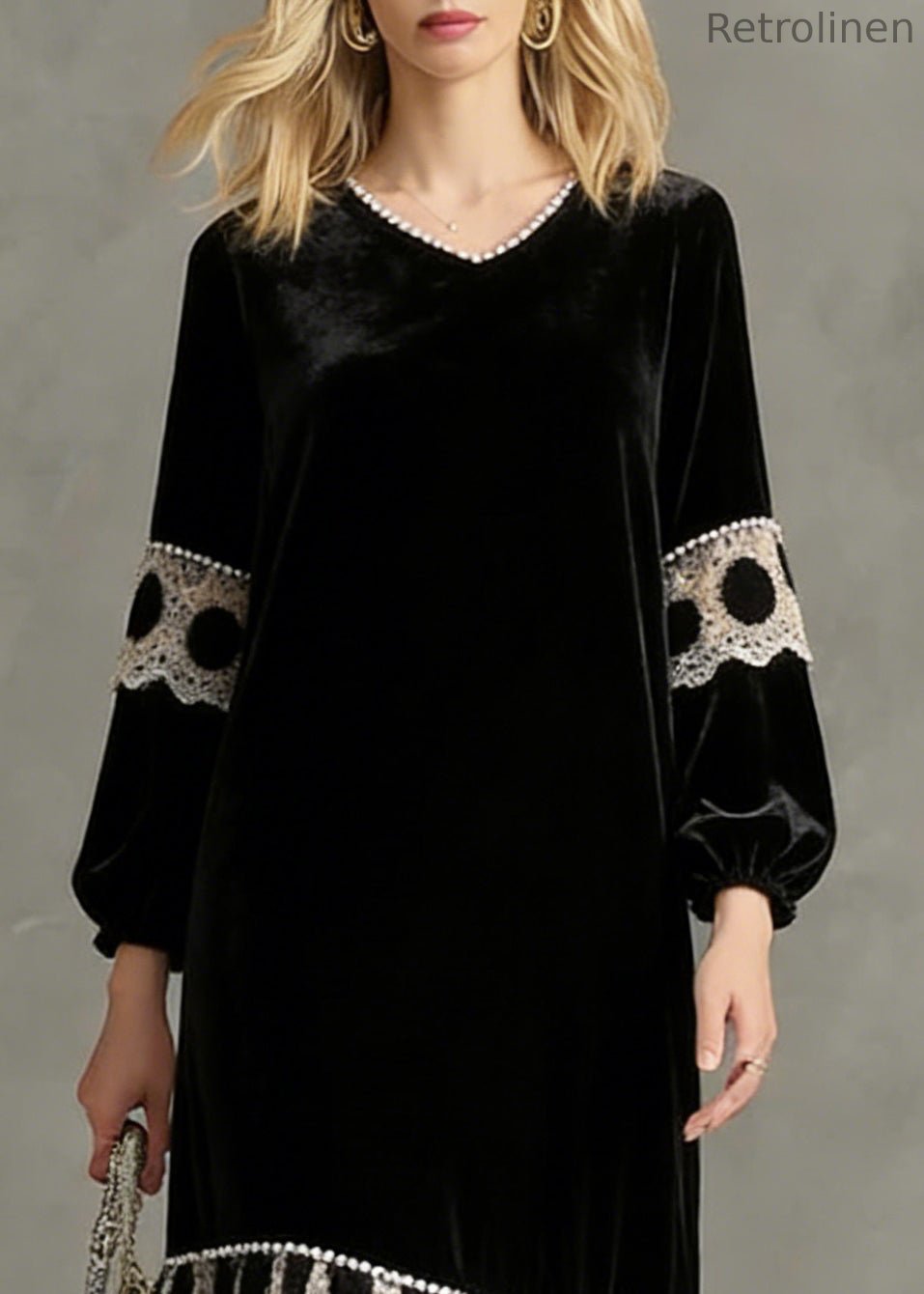 French Black V Neck Patchwork Silk Velvet Long Dress Spring