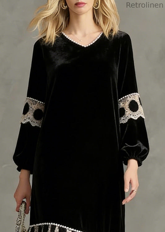 French Black V Neck Patchwork Silk Velvet Long Dress Spring