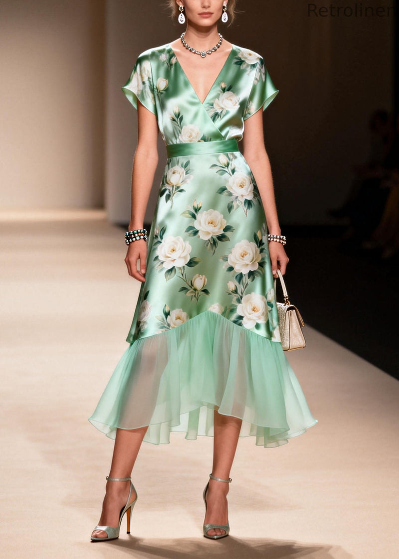 V Neck Print Ruffled Patchwork Silk Dresses Summer