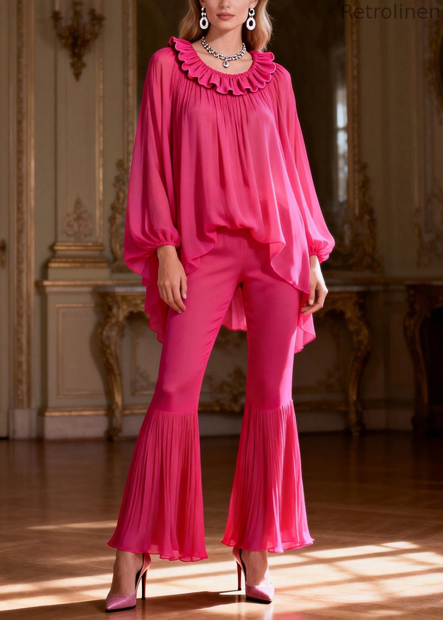 Rose Ruffled Low High Design Chiffon Two Piece Set Spring