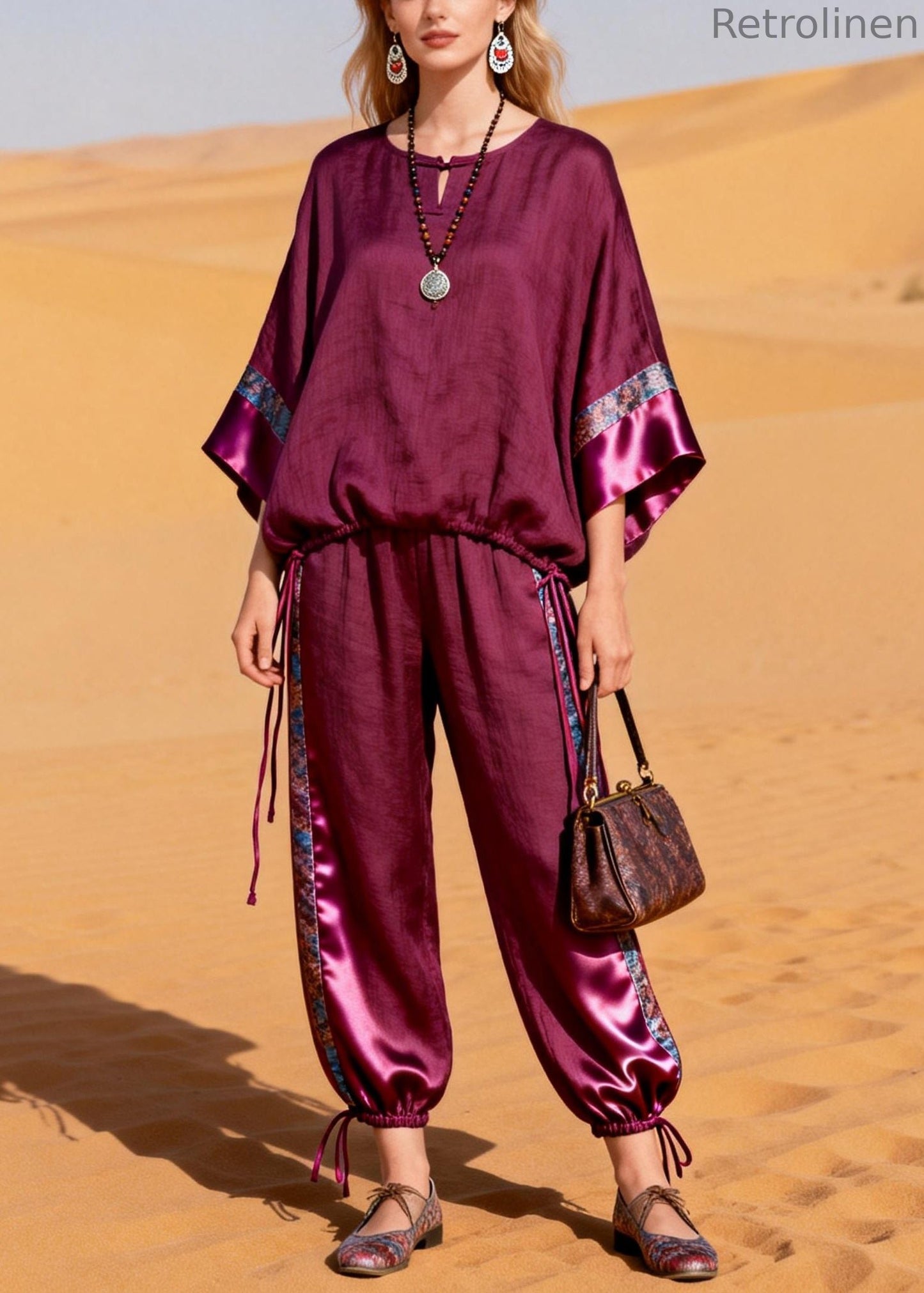 Purple Drawstring Patchwork Silk Linen Two Piece Set O Neck Bracelet Sleeve