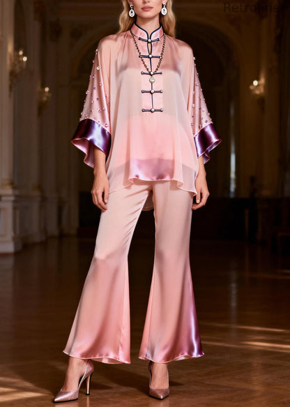 Organic Pink Stand Collar Zircon Silk Top and Flared Trousers Two-piece Set Spring