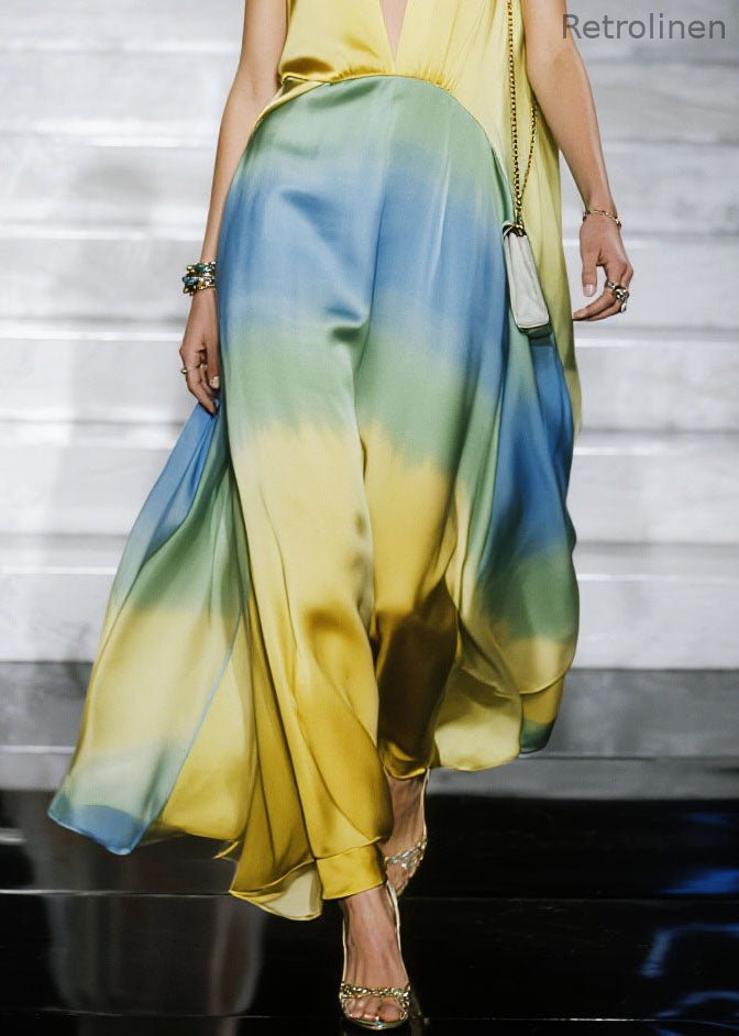 Natural Gradient Color V Neck Patchwork Chiffon Dress Sleeveless