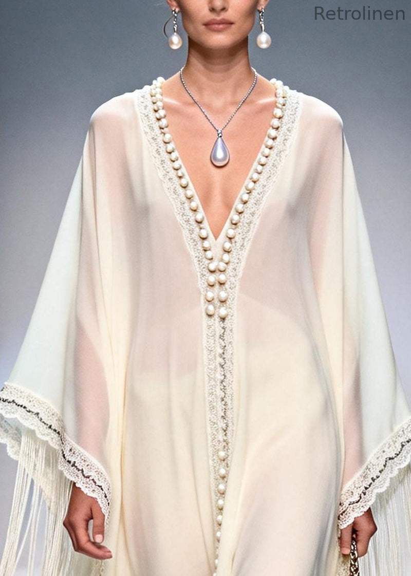 Stylish White Tasseled Handmade Pearls Chiffon Holiday Dress Summer