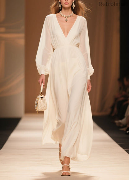White V Neck Patchwork Chiffon Dress Spring
