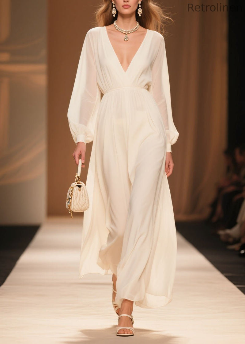 White V Neck Patchwork Chiffon Dress Spring