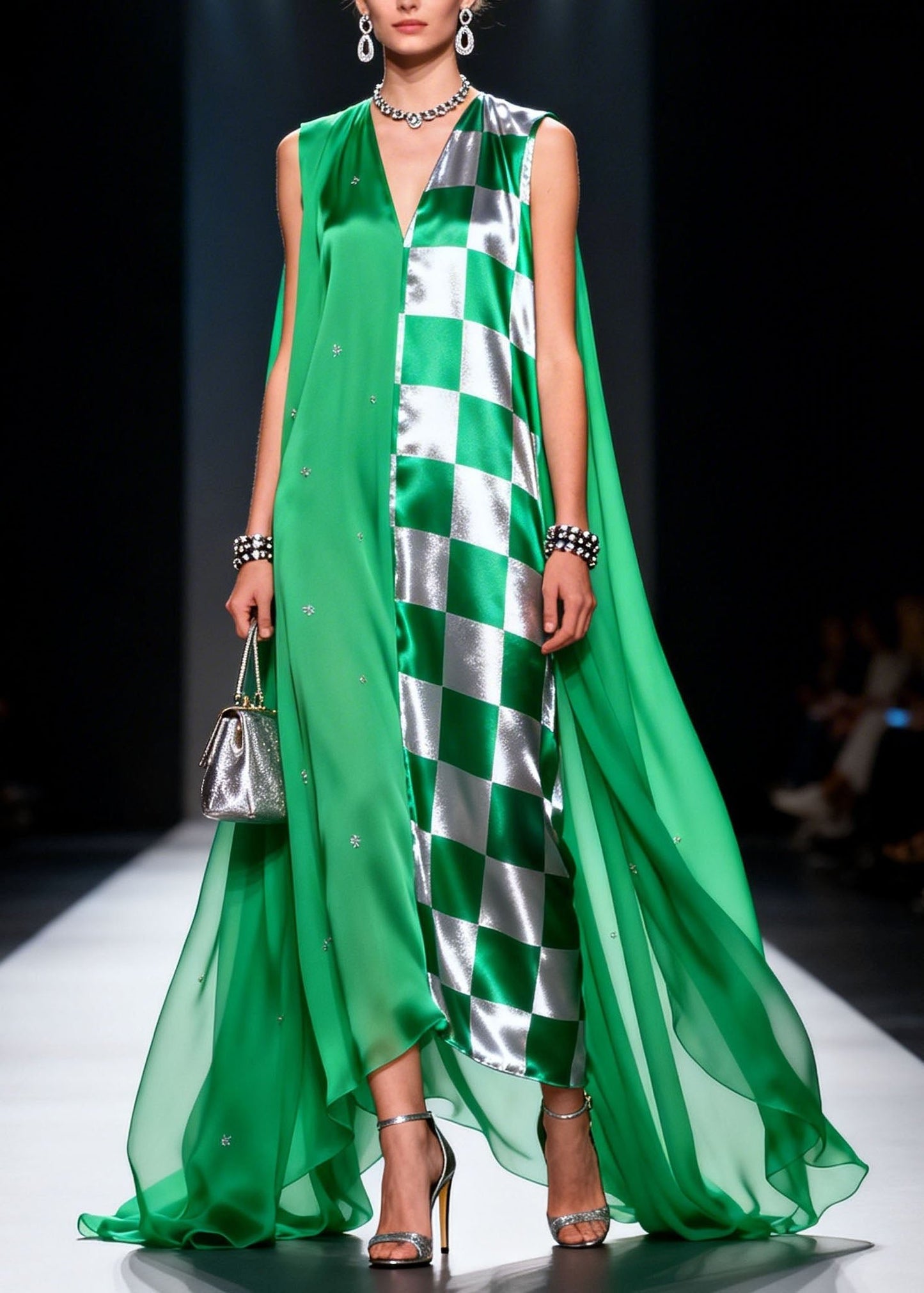 Unique Green V Neck Patchwork Chiffon Long Dress Summer