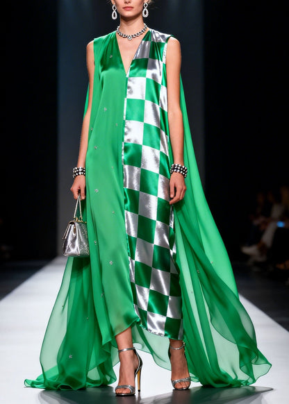 Unique Green V Neck Patchwork Chiffon Long Dress Summer