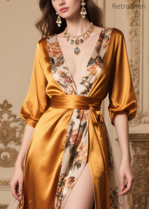 Golden Tunic Patchwork Side Open Silk Party Dresses Summer
