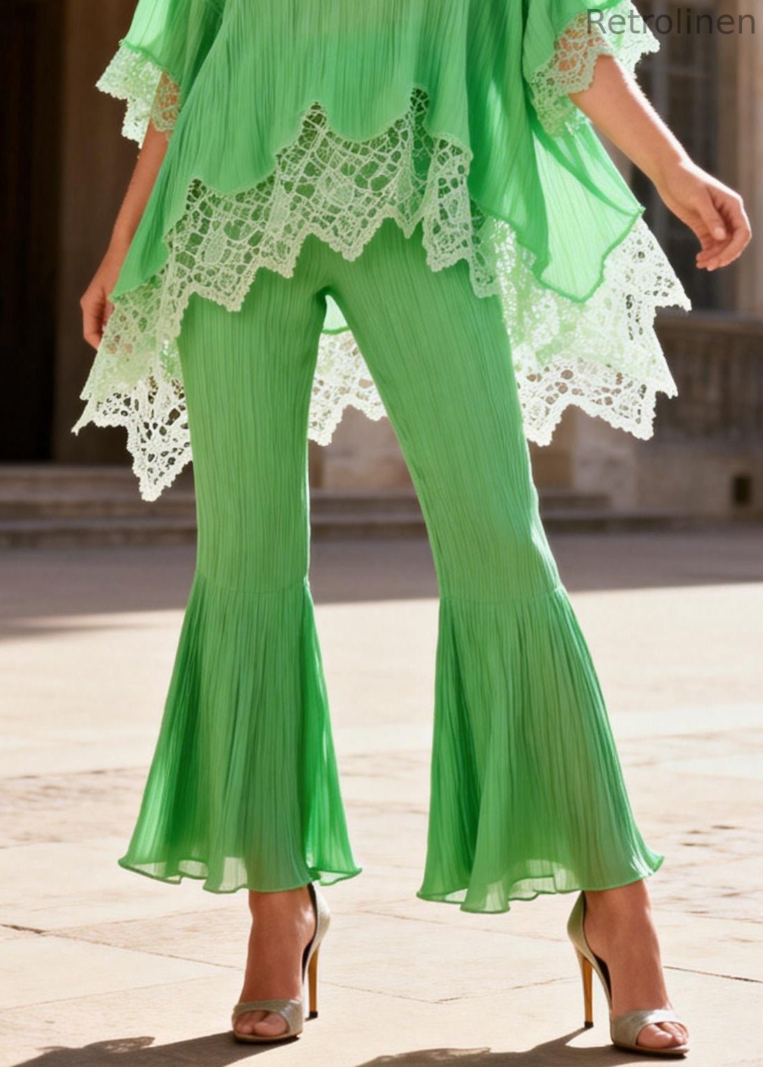 Loose Light Green Low High Design Lace Patchwork Two Piece Set Half Sleeve