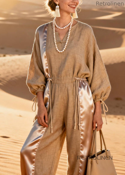 V-neck Silk Patchwork Drawstring Linen Jumpsuit Spring