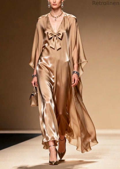 French Khaki V Neck Bow Chiffon Maxi Dress Summer