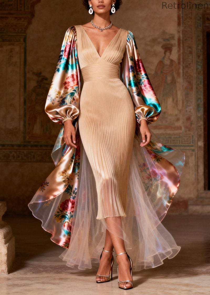 V Neck Print Patchwork Silk Long Dress Spring