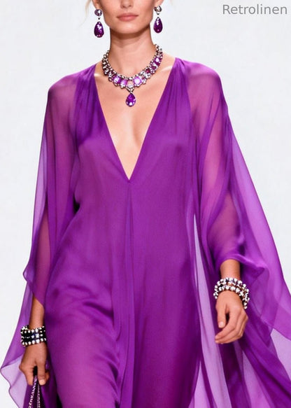 Purple V Neck Exra Large Hem Chiffon Holiday Dress Summer