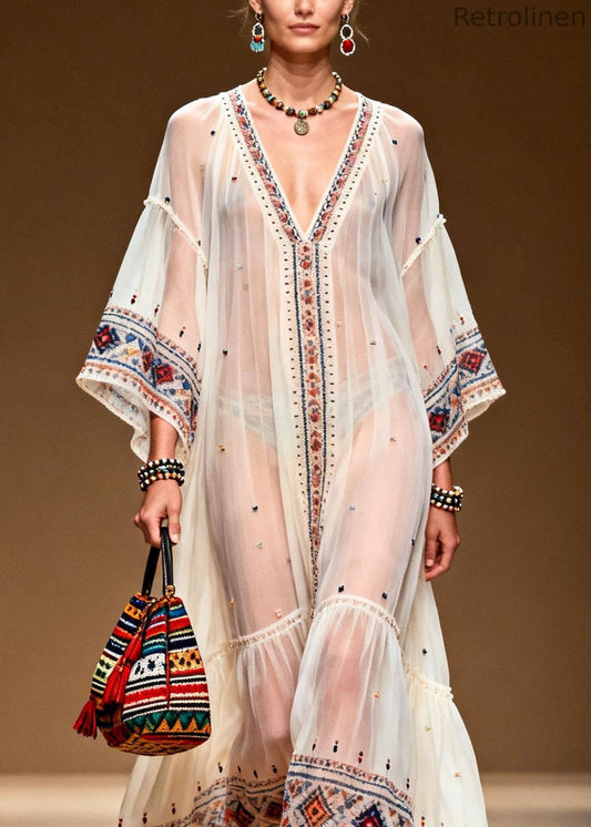 Modern White V Neck Print Patchwork Chiffon Dresses Summer