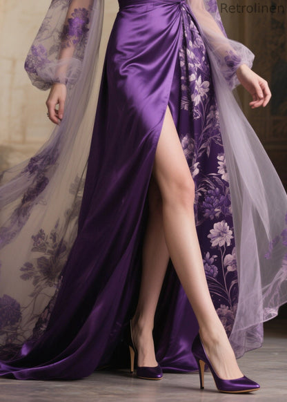 French Purple Exra Large Hem Patchwork Side Open Chiffon Evening Dress Summer