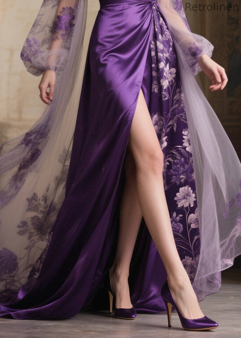 French Purple Exra Large Hem Patchwork Side Open Chiffon Evening Dress Summer