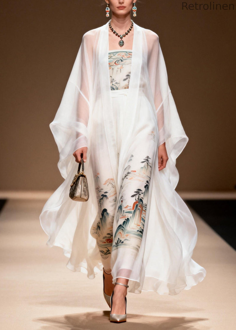 White Print Chiffon Dress Two Piece Set Summer