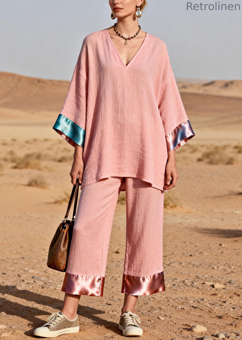 Pink Oversized Tops and Crop Pants Silk Patchwork Two Pieces Set V Neck