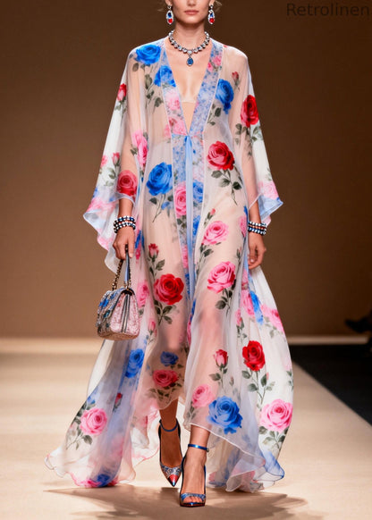 White Oversized Print Chiffon Vacation Dresses Summer