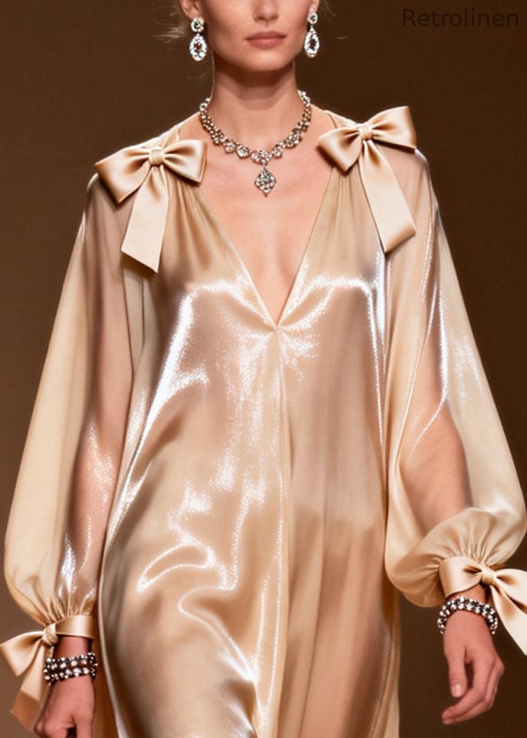 Khaki V Neck Bow Chiffon Party Dress Summer