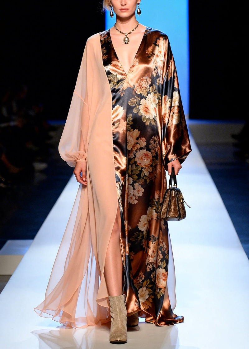 French Brown Asymmetrical Patchwork Print Silk Long Dress Spring