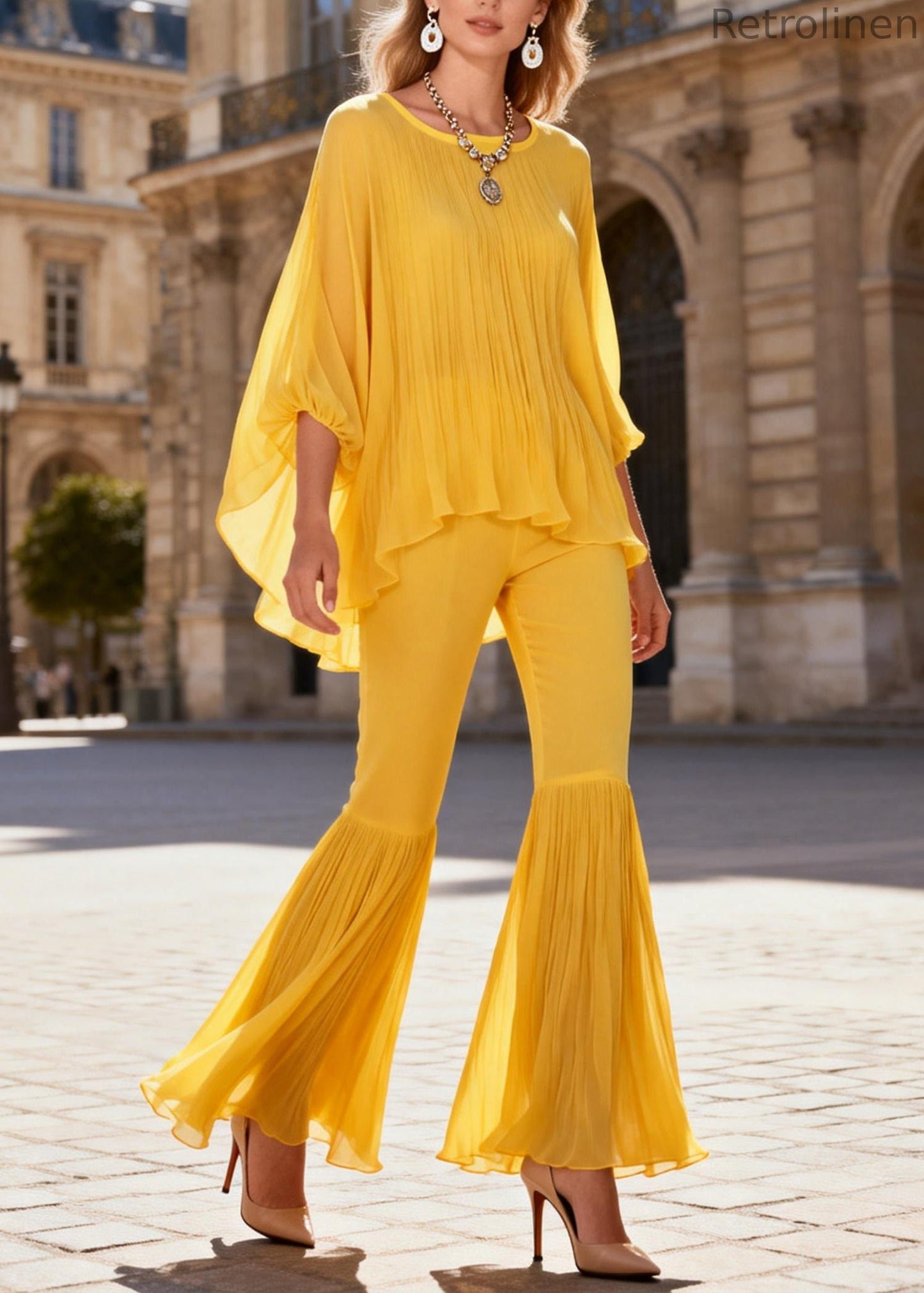 Yellow Wrinkled Two Pieces Set O Neck Bracelet Sleeve
