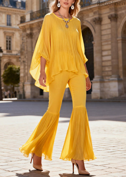 Yellow Wrinkled Two Pieces Set O Neck Bracelet Sleeve