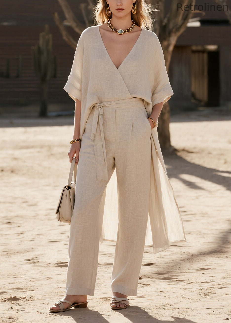 Style Apricot V Neck Low High Design Linen Two Pieces Set Summer