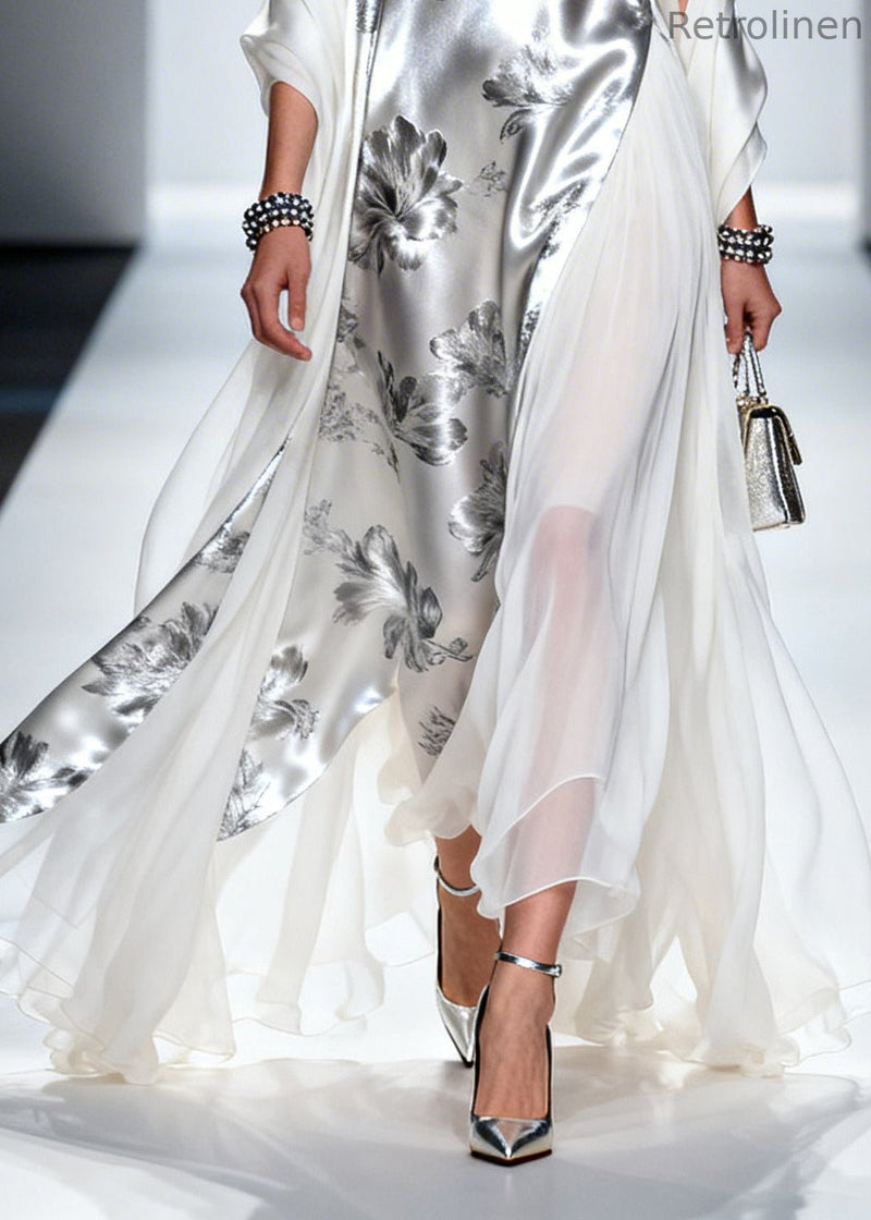 Silvery Print Patchwork Draping Silk Long Dress Summer