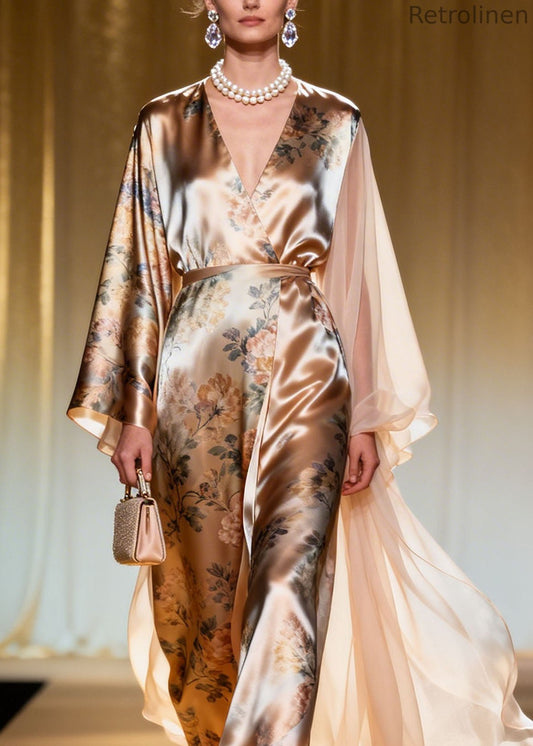 French V Neck Asymmetrical Design Patchwork Print Silk Dresses Spring