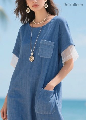 Style Denim Blue Oversized Patchwork Tulle Straight Dress Summer