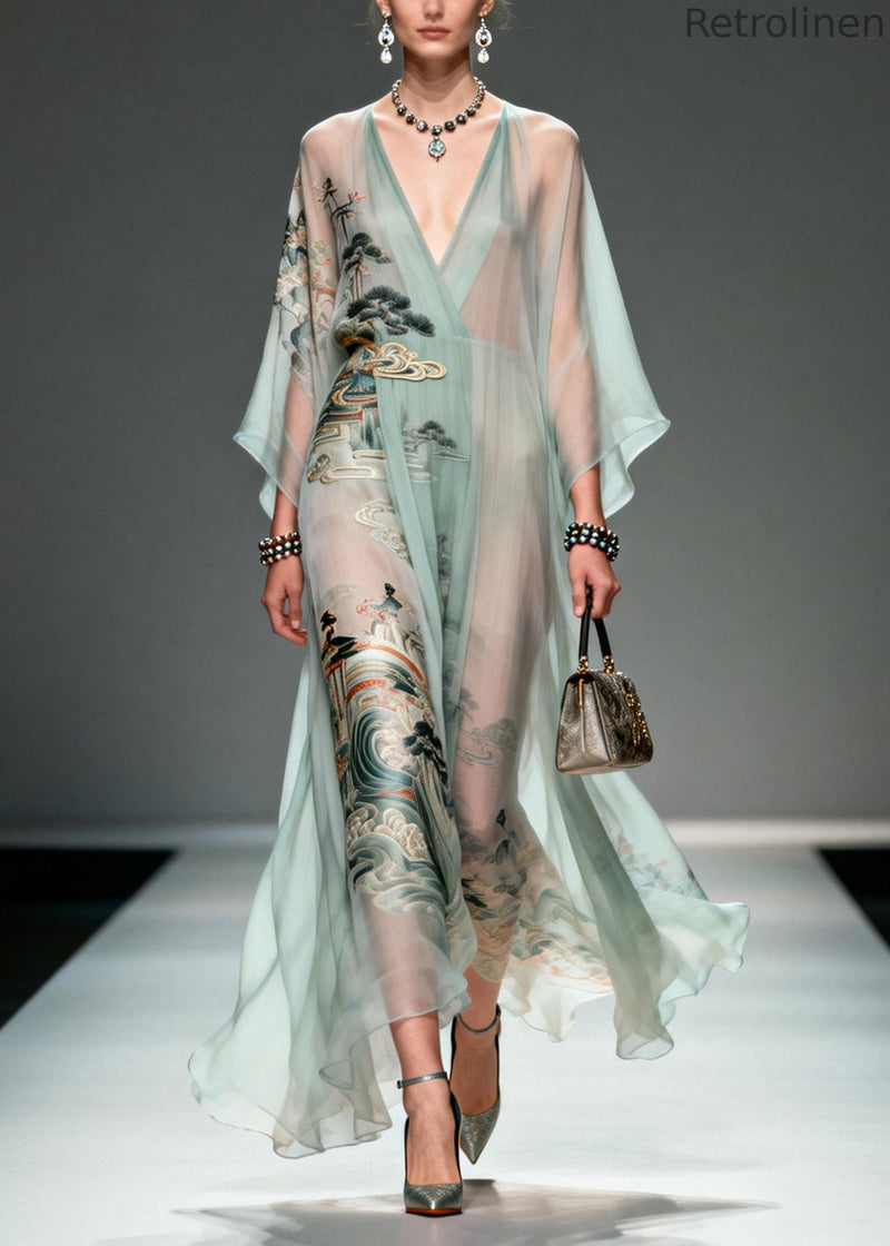 Lake Green Oversized Print Chiffon Robe Dresses Summer