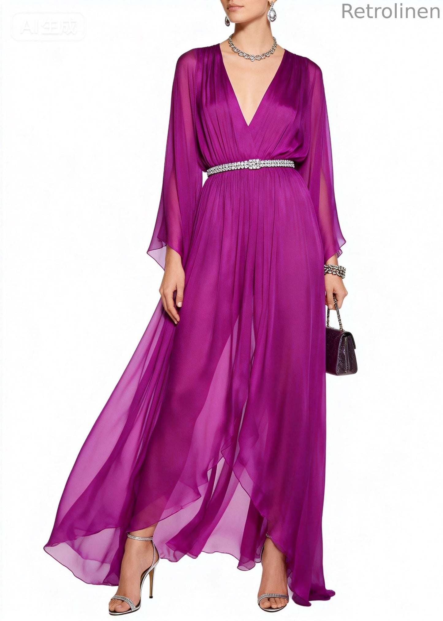 Purple V Neck Draping Chiffon Vacation Dresses Summer