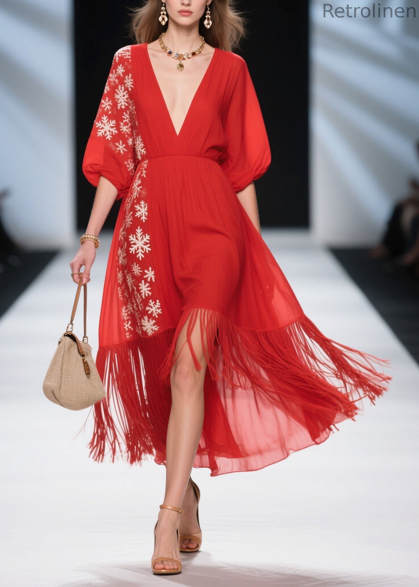 Loose Red Print Tassel Patchwork Cotton Dress Summer