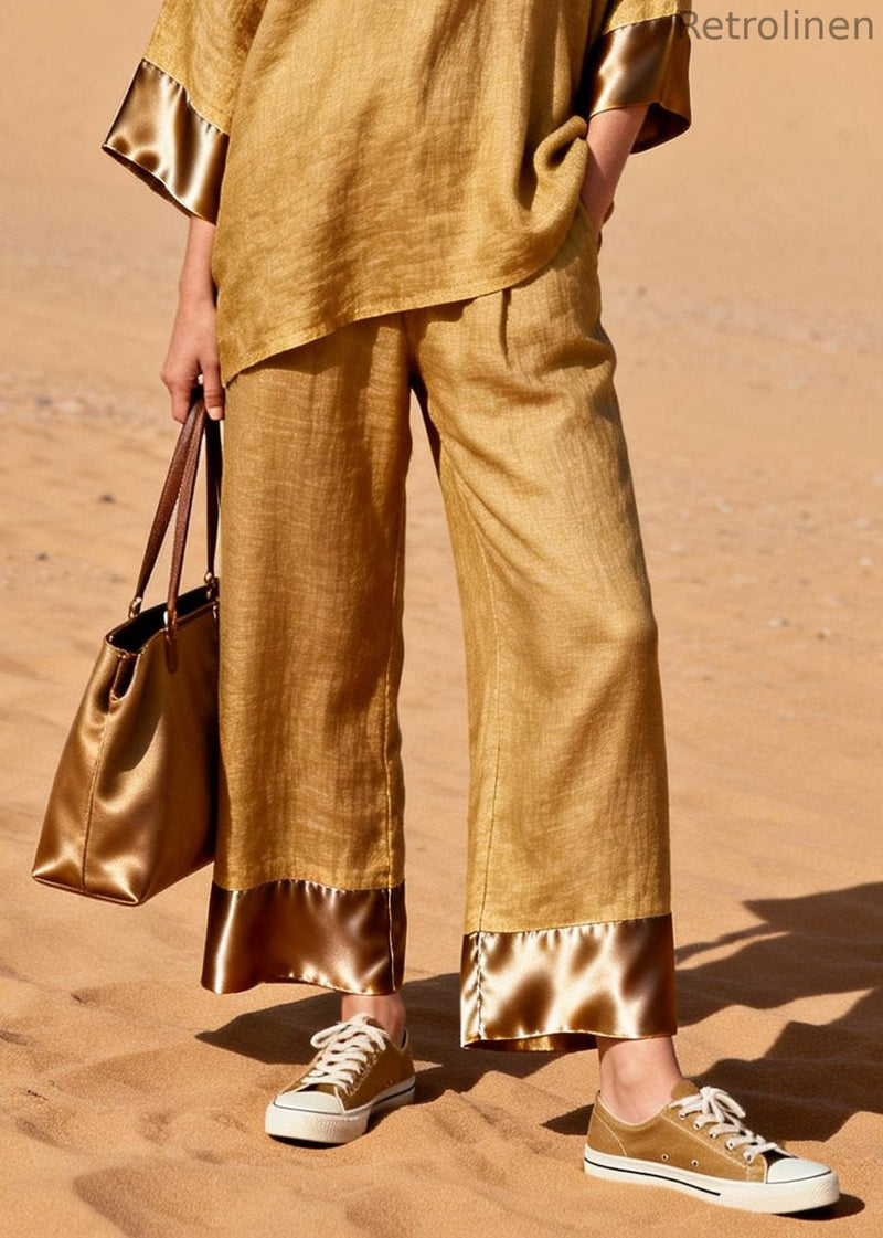 Art Yellow Oversized Patchwork Linen Two Pieces Set Spring