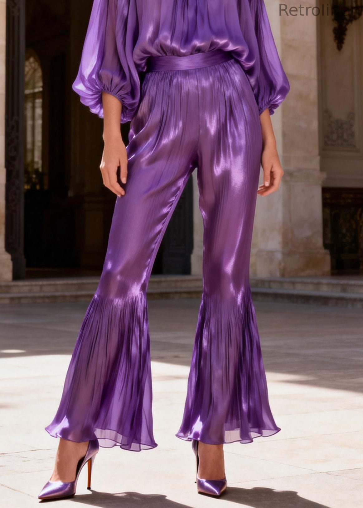 Purple High Waist Silk Two Pieces Set Ruffled Lantern Sleeve