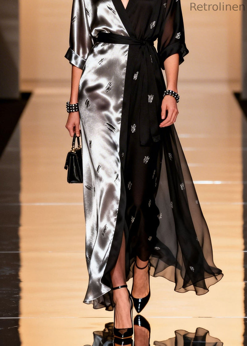 New Colorblock V Neck Zircon Patchwork Chiffon Long Dress Summer