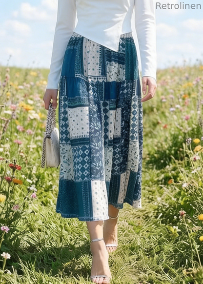Colorblock Plaid Elastic Waist Cotton Skirt Summer