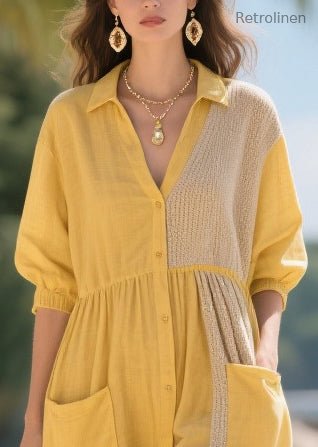 Yellow Oversized Patchwork Cotton Dresses Summer