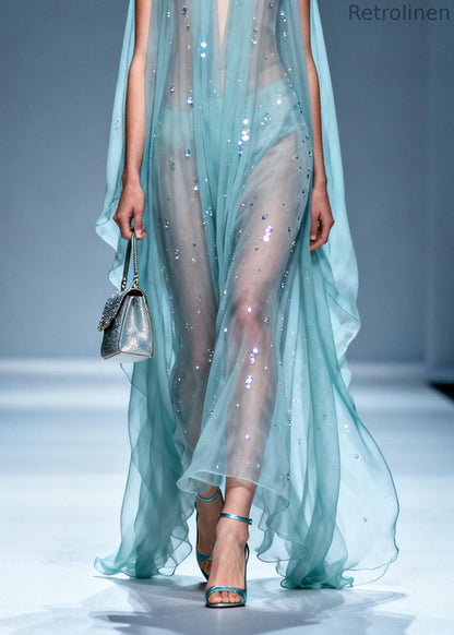 Unique V Neck Zircon Chiffon Long Dresses Summer
