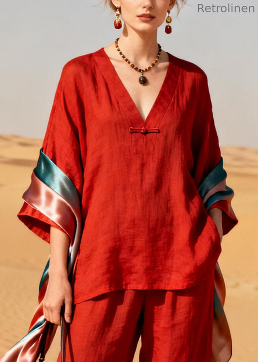Red V Neck Patchwork Shawl Chinese Button Cotton Two Pieces Set Spring