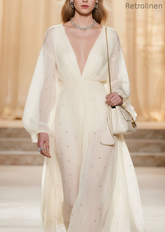 Classy White V Neck Wrinkled Zircon Chiffon Dresses Spring