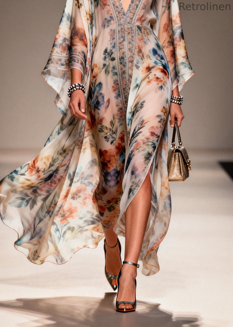 Unique V Neck Print Chiffon Maxi Dresses Spring