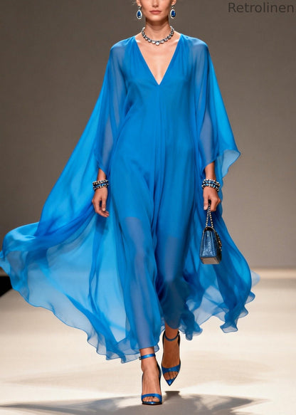 Blue Oversized Draping Chiffon Long Dress Summer