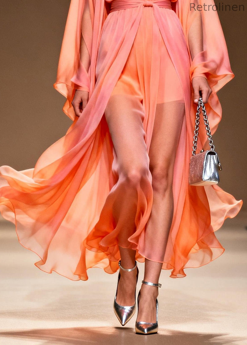 Orange V Neck Draping Chiffon Dress Two Piece Set Summer
