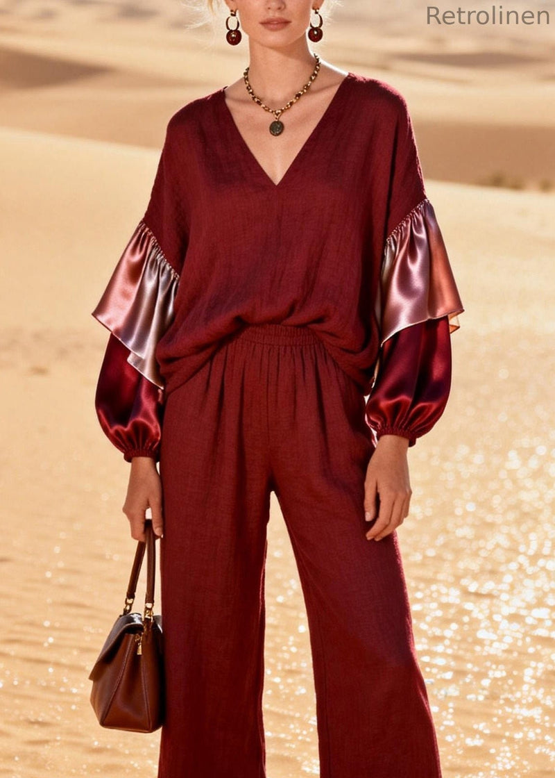 V Neck Patchwork Linen Silk Two Pieces Set Spring