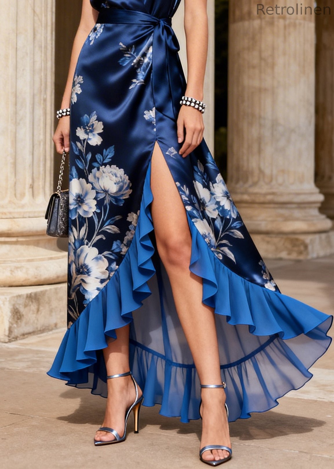 Style Navy Ruffled Print Side Open Chiffon Maxi Dresses Summer