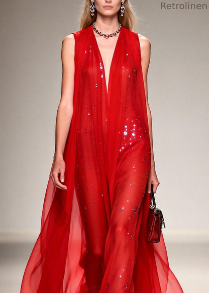French Red V Neck Zircon Patchwork Chiffon Ankle Dress Sleeveless
