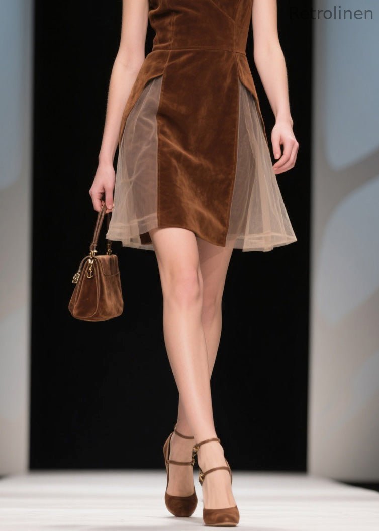 French V Neck Tulle Patchwork Velvet Dress Sleeveless